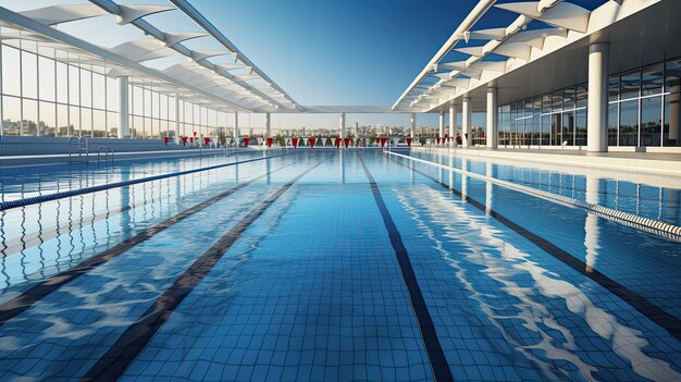 Olympisches Schwimmbad mit blauem klarem Wasser ohne Menschen