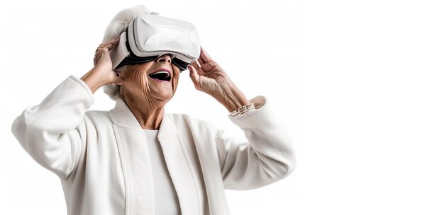 Oma lächelt mit Virtual-Reality-Headset