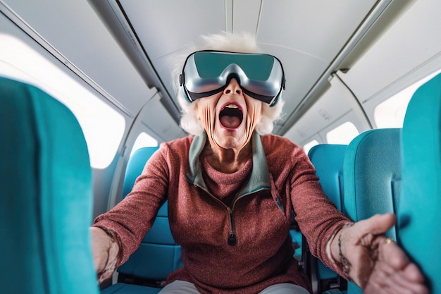 Oma trägt eine Virtual-Reality-Brille für Gaming-Unterhaltung, die mit generativer KI erstellt wurde