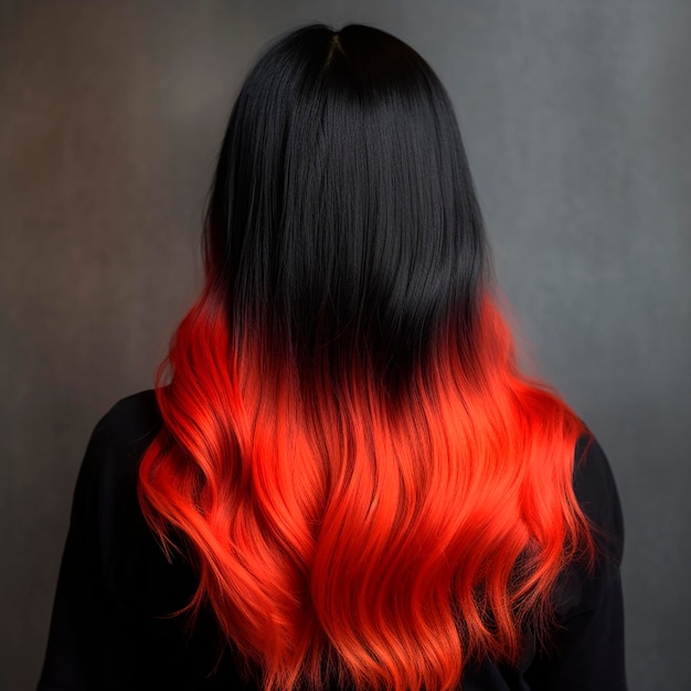 Ombre lange schöne schwarze Haare, die mit rotem Ombre-Close-Up für die Werbung von Friseuren gefärbt wurden