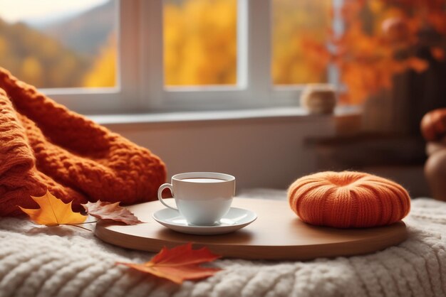 Ome Herbstkomposition mit Tee und Strickpullovern im Inneren des Raumes auf einem verschwommenen Hintergrund