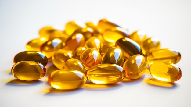 Omega-3-Kapseln in ihren glänzenden Schalen reflektieren Licht, das die potenzielle Gesundheit symbolisiert, die sie enthalten.