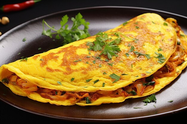 Omelete adornado com nozes de pinheiro torradas e uma chuva de esmalte balsâmico