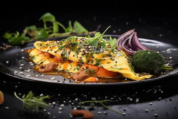 Omelete adornado com nozes de pinheiro torradas e uma chuva de esmalte balsâmico