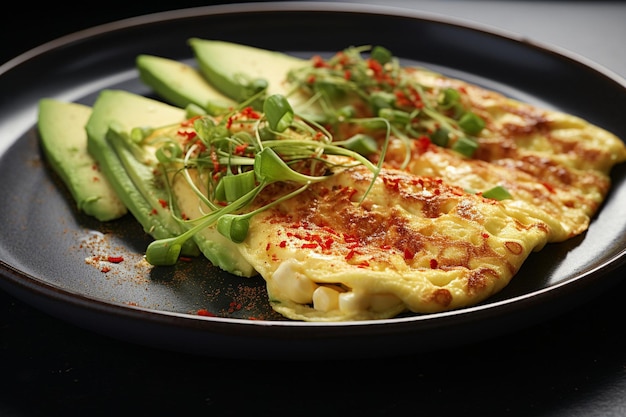 Omelete coberto com fatias de abacate e um pouco de flocos de pimenta vermelha