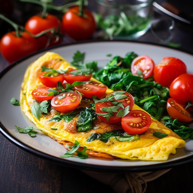 Omelete com brócolis, tomate e cebola roxa na mesa escura fritada italiana com legumes