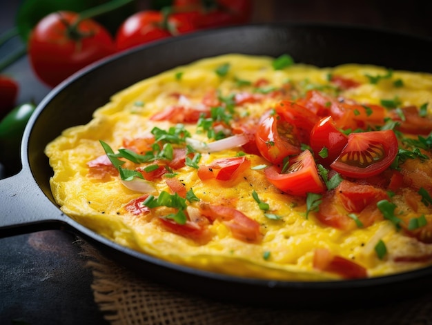 Omelete com cebola, tomate e presunto em uma frigideira