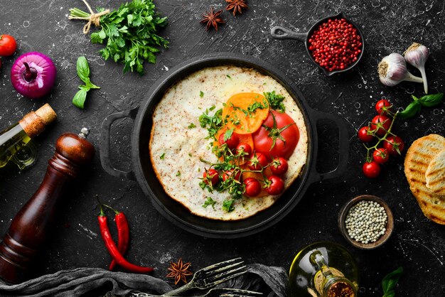 Omelete com tomate e salsa em uma panela Comida no café da manhã Espaço livre para o seu texto Vista superior