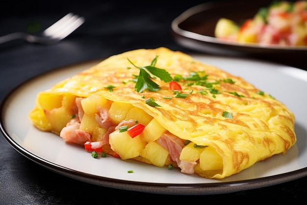 Omelete cozido com queijo creme de salmão fumado em cubos e amendoim