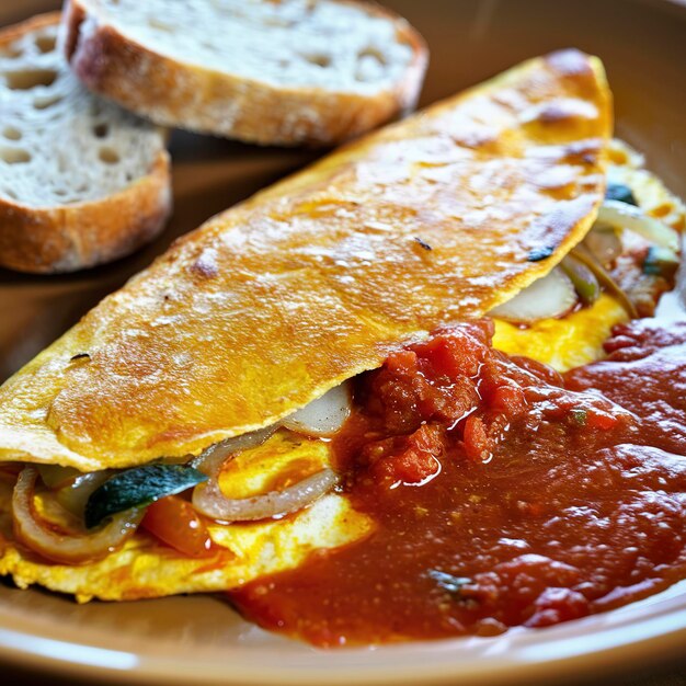 Omelete de espanhol com pão e molho de tomate para o pequeno-almoço