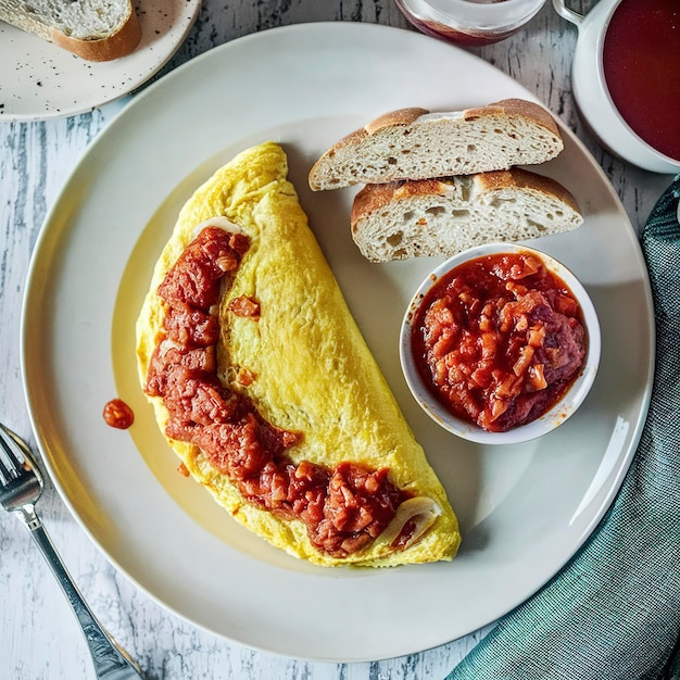 Foto omelete de espanhol com pão e molho de tomate para o pequeno-almoço