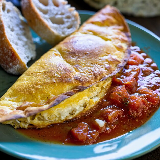 Omelete de espanhol com pão e molho de tomate para o pequeno-almoço