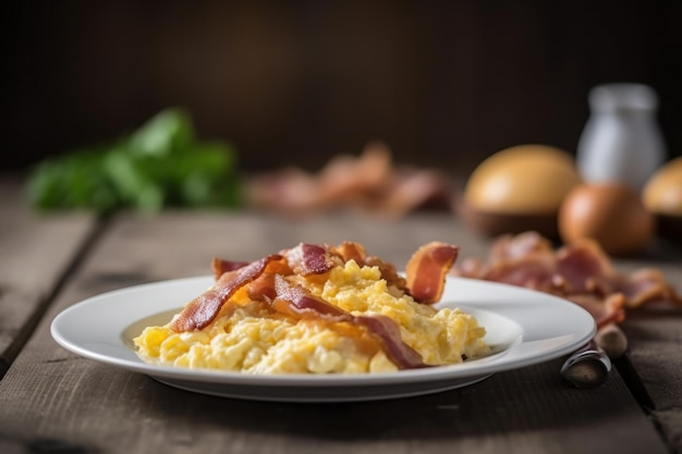 Omelete de ovo com bacon frito em um prato branco sobre a mesa de café da manhã generativo ai