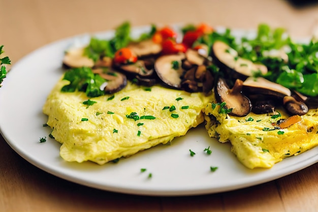 Omelete dourado com cogumelos e salsa em cima da mesa com ilustração 3d de salada de legumes