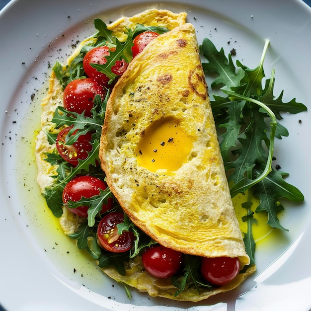 Omelete francesa com rúcula e tomates cereja