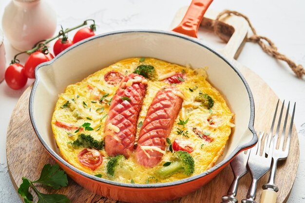 Omelete ou fritada com duas salsichas queijo derretido tomate cereja brócolis e salsa na frigideira vermelha ou panela de ferro sobre fundo branco de concreto velho Conceito de comida de café da manhã saudável Vista superior