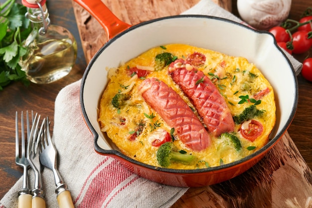 Omelete ou fritada com duas salsichas queijo derretido tomate cereja brócolis e salsa na frigideira vermelha ou panela de ferro sobre fundo de mesa rústica de madeira velha Conceito de comida de café da manhã saudável Vista superior