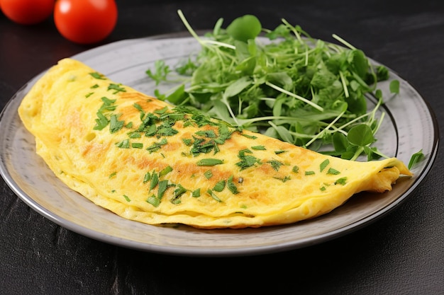 Omelete servida em um leito de salada de quinoa com legumes assados