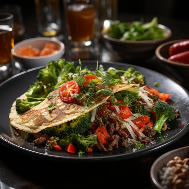 Omelete tailandês Khai Jiao Omelete fofinho e crocante muitas vezes preenchido com carne picada da cozinha tailandesa