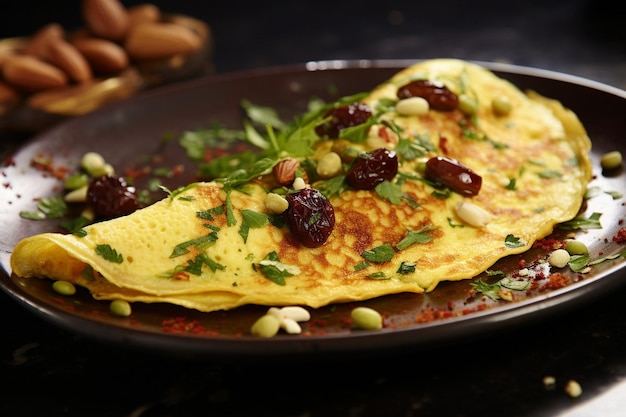 Omelette, garniert mit gerösteten Kiefernnüssen und ein bisschen Balsamglasur