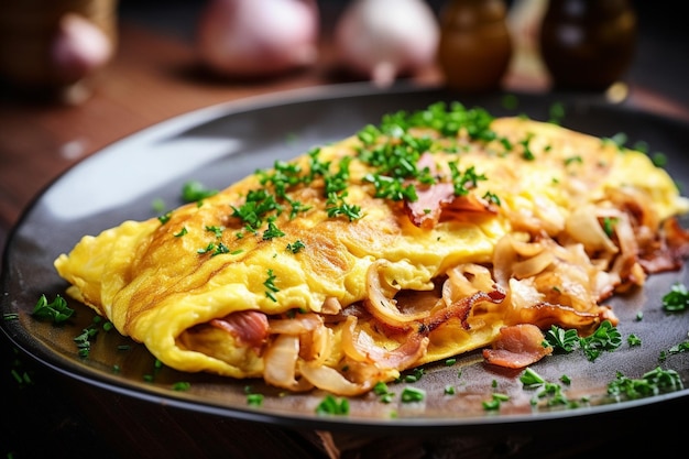 Omelette, gekocht mit zerkleinertem geräuchertem Lachs, Creme-Käse und Dill