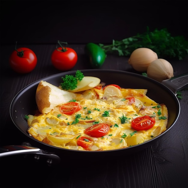 Omelette mit Tomaten Zucchini Kartoffeln Dunkler Hintergrund