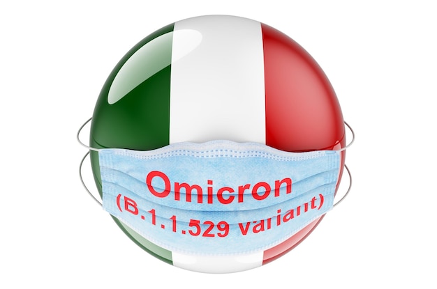 Omicron Covid19 variante B11529 na Itália conceito bandeira italiana com máscara médica renderização em 3D