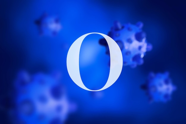 Omicron COVID19 Variante Posterbuchstabe O auf blauem Hintergrund von Coronavirus-Keimen