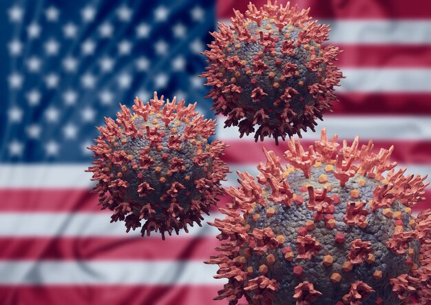 Omicron-Variante und USA-Flagge. Coronavirus-Mutation. 3D-Darstellung