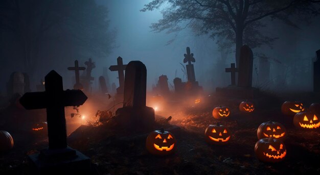 Ominosas calabazas brillan por la noche en el cementerio