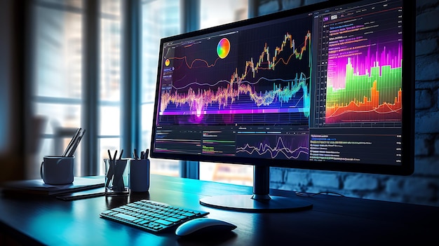 Omputer-Monitor mit verschiedenen Handelsdiagrammen vor dem Hintergrund einer verschwommenen Nachtstadt, erstellt mit generativer KI-Technologie