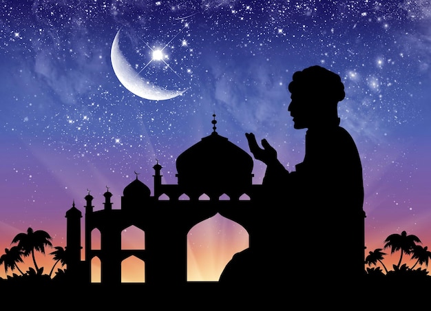 Ð¡oncept da religião islâmica. Silhueta da prefeitura e homens orando no fundo do céu estrelado e a lua