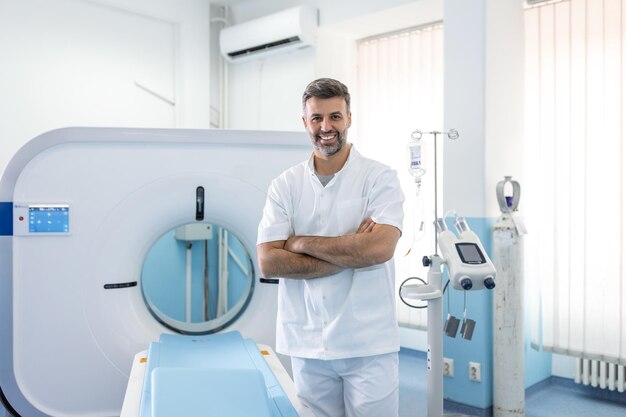 Oncologia de médico masculino confiante em ressonância magnética ou sala de tomografia computadorizada de um hospital moderno