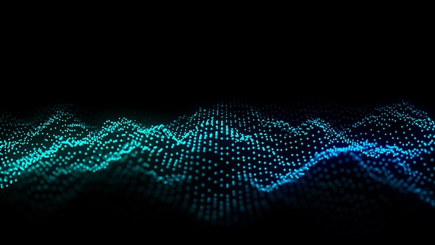 Onda abstracta con luz azul sobre fondo negro Fondo científico con puntos móviles Tecnología de conexión de red Estructura digital con partículas Renderización 3D