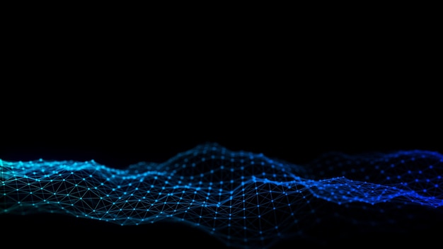 Onda abstracta con luz azul sobre fondo negro Fondo científico con puntos móviles Tecnología de conexión de red Estructura digital con partículas Renderización 3D