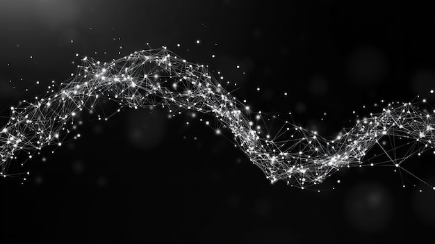 Onda abstracta de puntos y líneas conectados en fondo negro