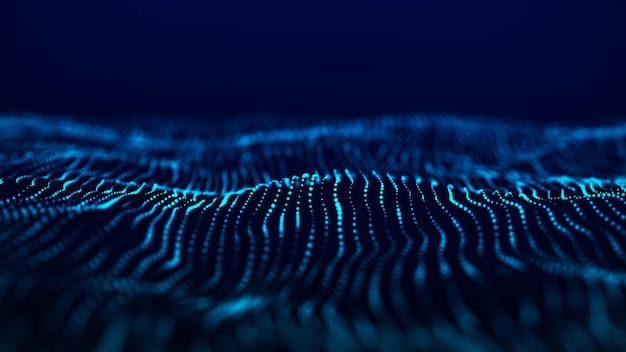 Onda abstracta con puntos en movimiento Flujo de partículas Ilustración de tecnología cibernética Representación 3d