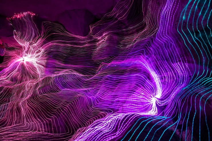 Onda abstrata de linhas de tecelagem digital conectando pontos de rede e fundo escuro Design de padrão de malha 3D moderno geométrico mostrando conceitos futuristas de tecnologia de ciência da computação