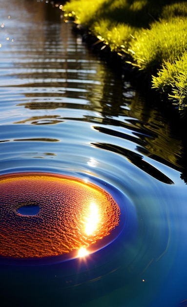 Foto una onda de agua con un círculo de agua en primer plano y una hierba verde en el fondo.