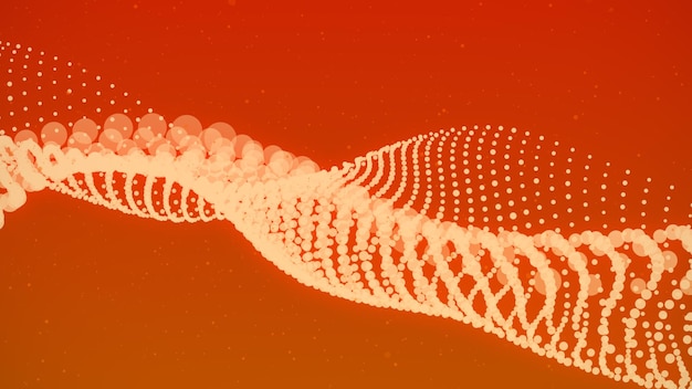 Onda amarela dinâmica de partículas Visualização de big data Fundo laranja futurista renderização em 3d