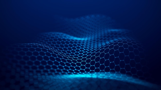 Onda azul futurista de cuadrícula hexagonal sobre un fondo azul El concepto de big data Conexión de red Cibernética e inteligencia artificial Representación 3d