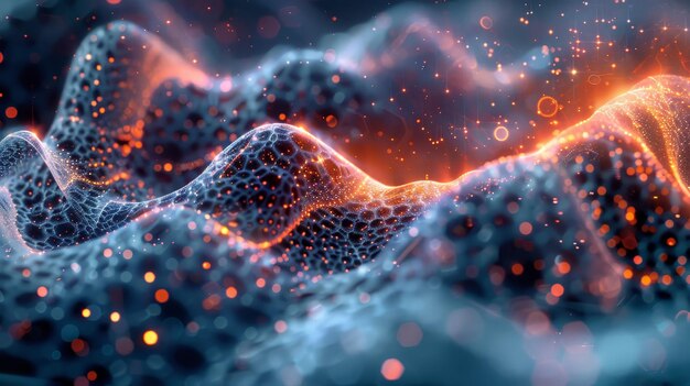 Una onda azul y naranja con muchos puntos y chispas La imagen es abstracta y tiene una sensación futurista