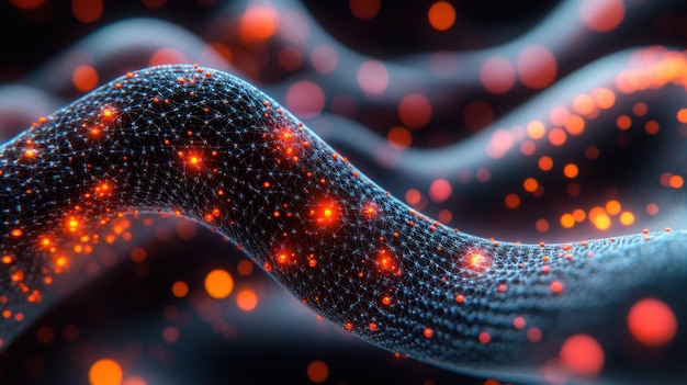 Onda brillante abstracta con una textura azul y luces bokeh naranja