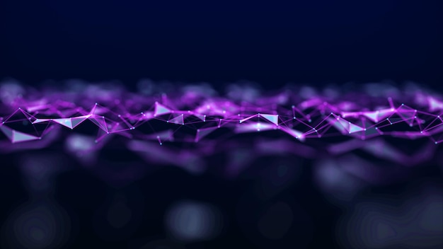 Onda brillante futurista El concepto de big data Conexión de red Cibernética Fondo oscuro abstracto de líneas púrpuras y triángulos conectados por puntos Representación 3d