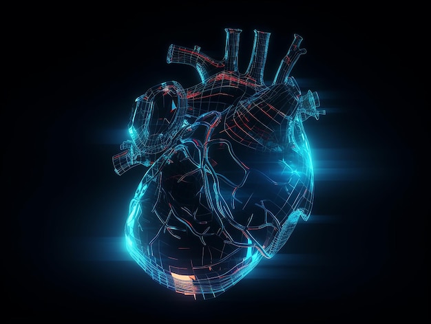 Onda de cardiograma que atraviesa el corazón con un brillo eléctrico que ilumina el camino Ilustración de neón de un corazón humano con colores vibrantes y luces brillantes IA generativa