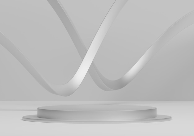 Onda de cinta plateada y podio blanco para la presentación del producto Representación 3d Fondo blanco premium