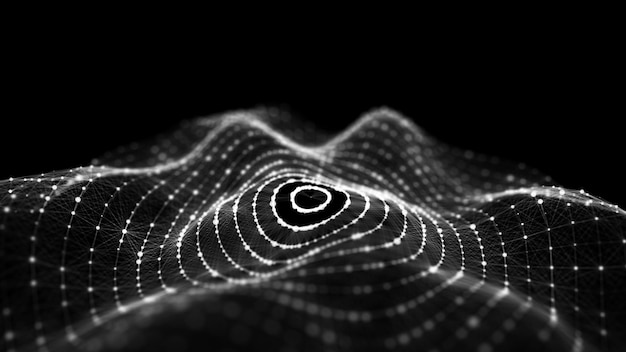Onda circular abstracta con luz blanca sobre fondo negro Fondo científico con puntos y líneas en movimiento Tecnología de conexión de red Estructura digital con partículas Renderización 3D