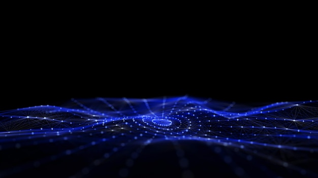 Onda de círculo abstrato com luz azul em fundo preto Fundo de ciência com pontos e linhas em movimento Tecnologia de conexão de rede Estrutura digital com partículas renderização 3d