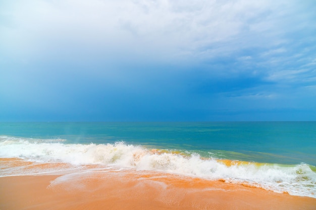 Onda de espuma, correndo na costa arenosa.