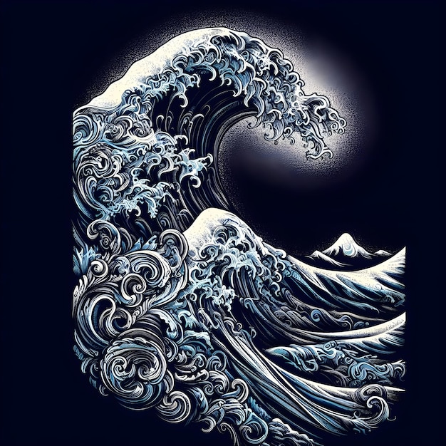 Onda de surf ilustração desenhada à mão em fundo preto renderização 3D